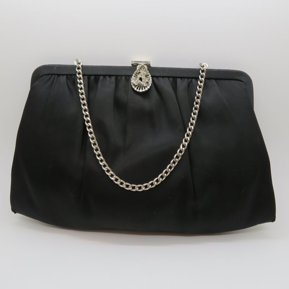 Vintage Black Satin Rhinestone Frame Clutch Wristlet Evening Bag
